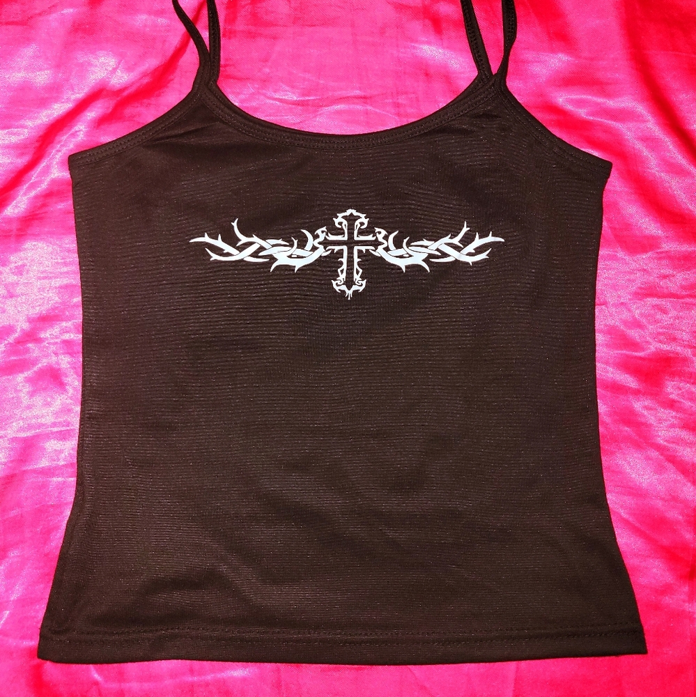 XS ༺♱༻ cross cyber-sigil black graphic cami / tank top . ݁₊ ⊹ . ݁˖ . ݁